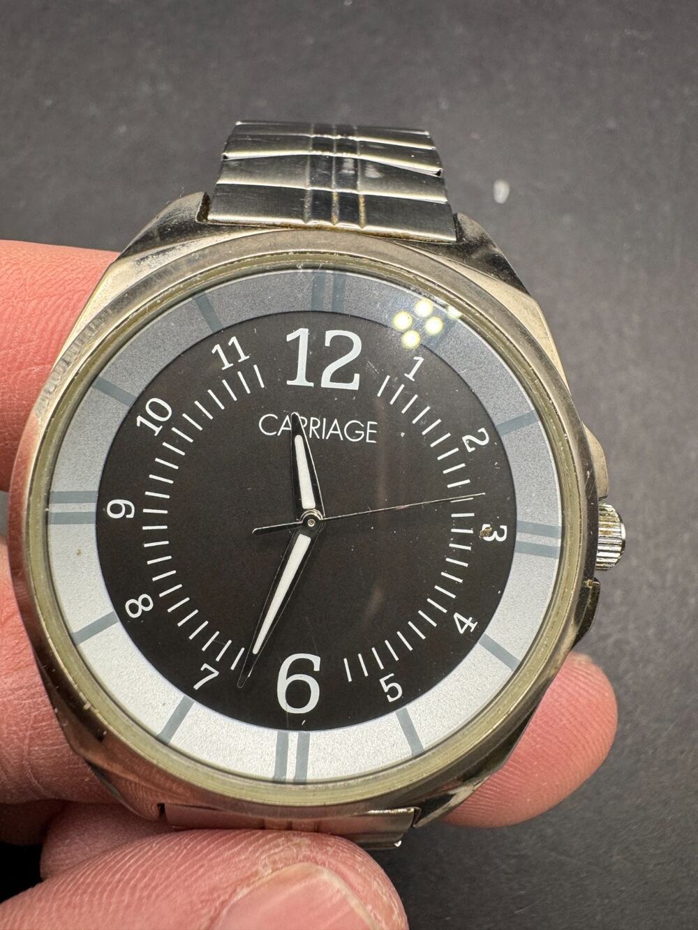 Vintage Carriage by Timex Wristwatch Black Dial Silver Tone Stretch Band 40mm
